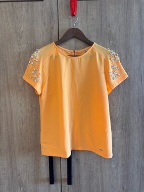 Pepe Jeans Women's Neon Orange Short Sleeve Top with Jeweled Shoulders M